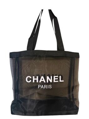 CHANEL Black Mesh CC Logo Tote Shopping Bag
